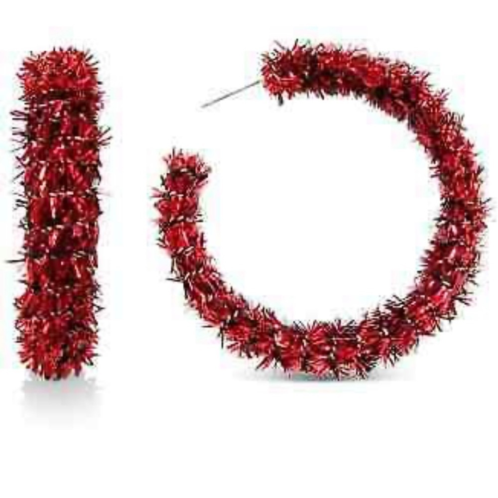 NWT INTERNATIONAL CONCEPTS GOLD TONE MEDIUM RED TINSEL HOOP EARRINGS